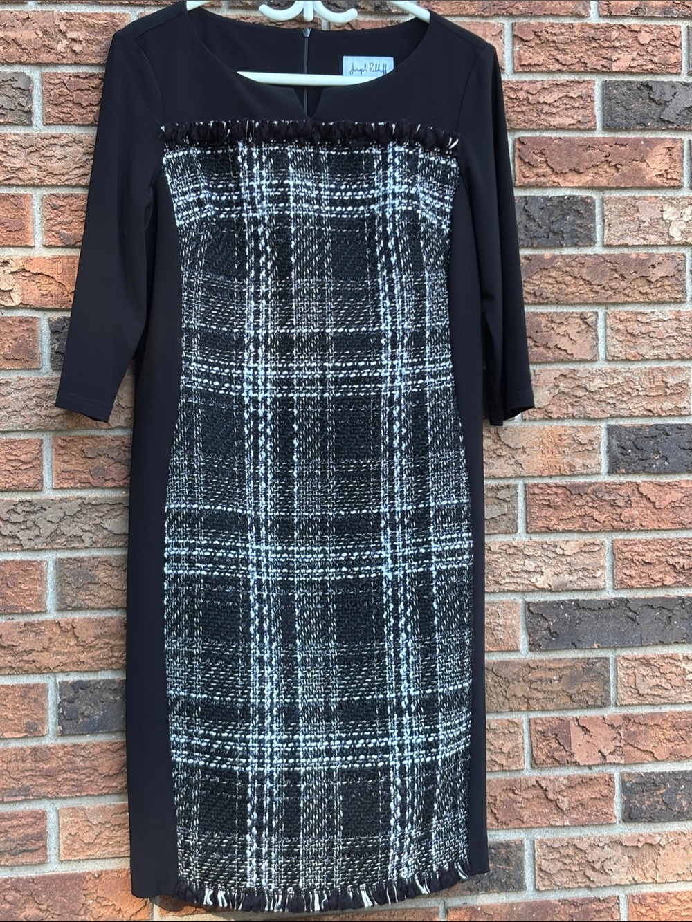 Joseph Ribkoff black dress with plaid overlay